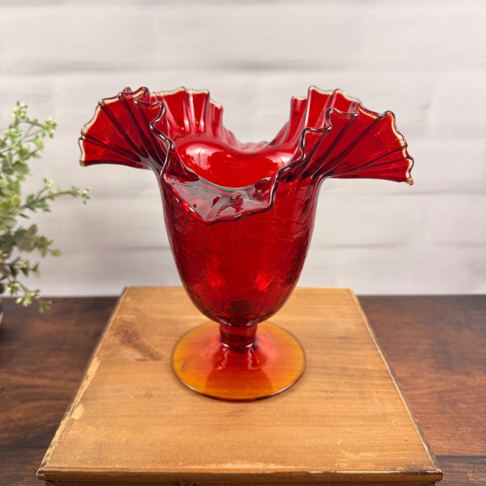 Blenko 388 Tangerine Crackle Glass Ruffled Vase Mid Century
